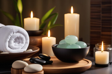 Obraz na płótnie Canvas Spa equipment set with soft lights emphasis on a luxurious and clean atmosphere. Spa products are placed in the spa room. Luxurious resort. Towel with herbal bag and beauty treatments