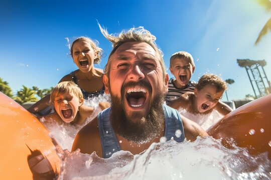 A family enjoying a day at the iconic Schlitterbahn Waterpark in New Braunfels, sliding down thrilling water rides and cooling off in the Texas heat.