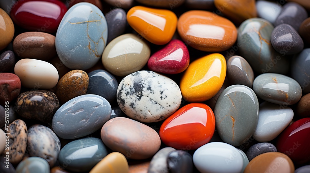 Poster captivating spectrum of colorful rocks and pebbles in abstract background with vibrant hues.
