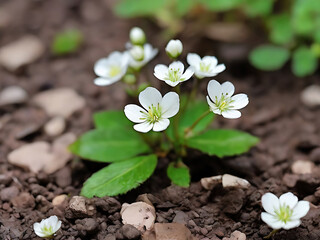 Photo of beautiful unique tiny white flowers with green leaves in the surface of earth in spring season.  AI Generated
