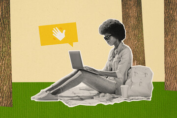 Collage image of black white effect girl sit blanket park trees rucksack use laptop dialogue bubble...