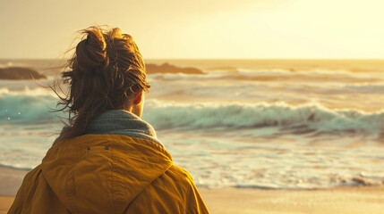 Una chica, vestida con una chaqueta de color mostaza, contemplando el mar al atardecer - obrazy, fototapety, plakaty