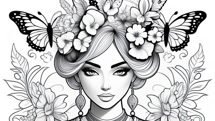 Anti stress coloring book page for adult. Coloring book page for adult. image of beautiful girl's face with flowers and butterflies - obrazy, fototapety, plakaty