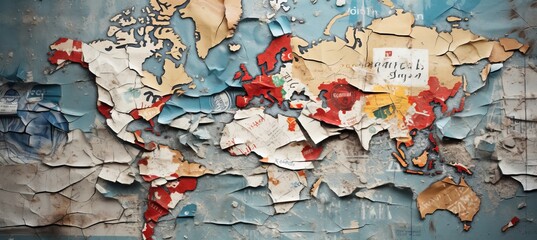 Close up of a weathered map with vibrant, richly colored details and worn textures.