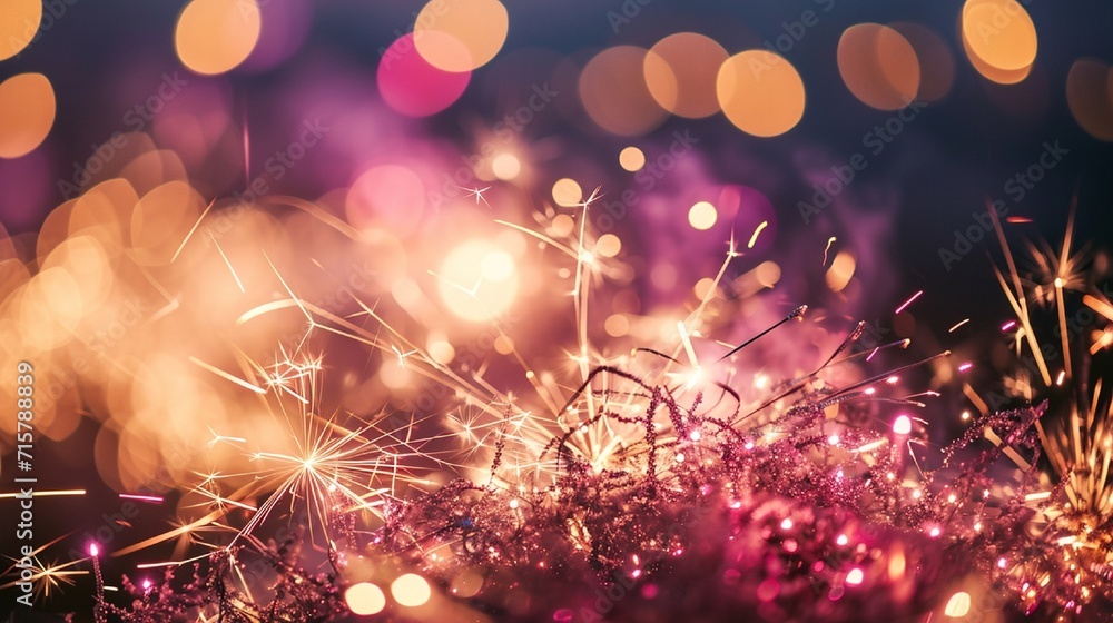Poster gold and bright pink fireworks and bokeh used in different events and copy space. abstract backgroun