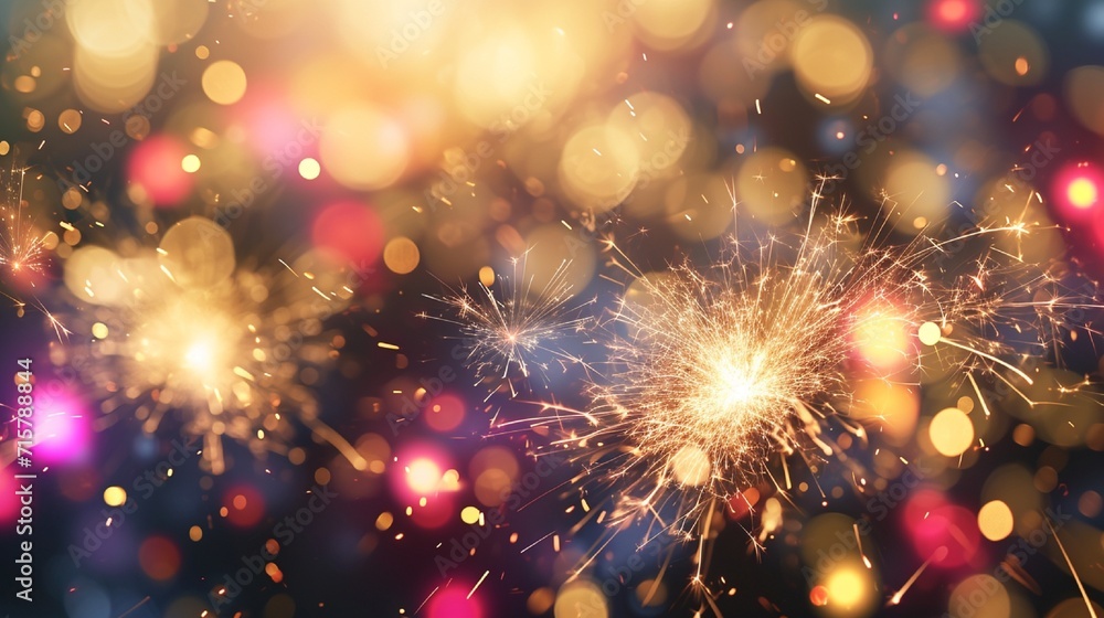 Poster gold and bright pink fireworks and bokeh used in different events and copy space. abstract backgroun