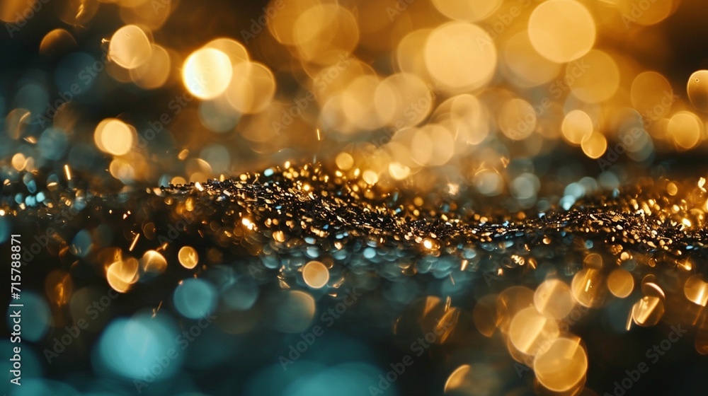 Poster gold and cerulean fireworks and bokeh used in different events and copy space. abstract background h