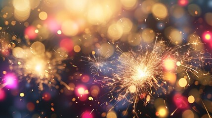 Gold and bright pink Fireworks and bokeh used in different events and copy space. Abstract background holiday.