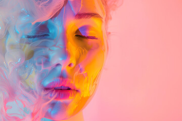 Fashion surreal Concept. Closeup portrait of stunning girl surround in neon swirling flowing smoke energy light waves light. illuminated dynamic composition dramatic lighting. copy text space	
