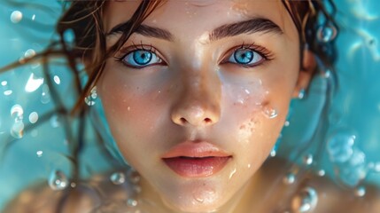 Portrait. Young Thai woman posing underwater with open eyes ,generative ai