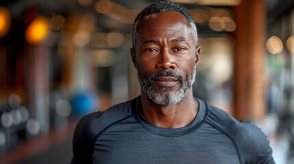 Portrait of a middle-aged black man while running inside a gym generative ai