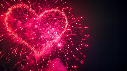 Red and pink fireworks. Vibrant light bursts in unique patterns of hearts celebrating love. Valentines day background