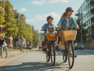 A family cycling together on eco-friendly electric bikes in a city