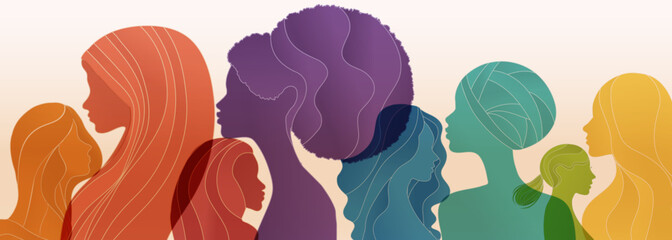 Group silhouette of multicultural women. International women's day. Diversity - inclusion - equality or empowerment concept. Anti racism or stop discrimination. Banner rainbow colors
