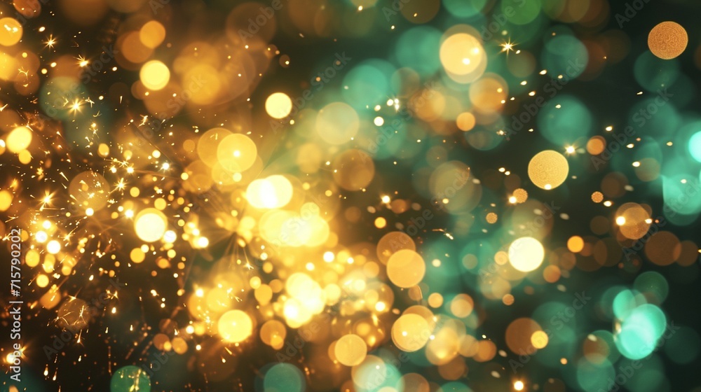 Poster gold and neon green fireworks and bokeh used in different events and copy space. abstract background