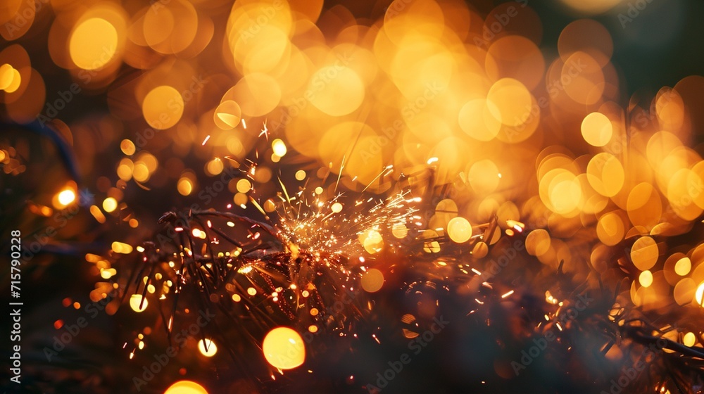Poster gold and olive green fireworks and bokeh used in different events and copy space. abstract backgroun