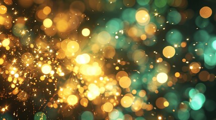 Gold and neon green Fireworks and bokeh used in different events and copy space. Abstract background holiday.