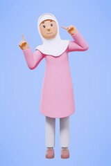 3d rendering fullbody of woman muslim greeting, greeting, pointing and holding phone while smiling