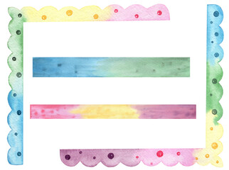 Watercolor Birthday party Colorful borders isolated on a white background.