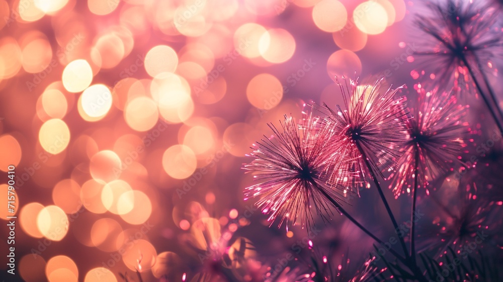 Poster gold and pastel pink fireworks and bokeh used in different events and copy space. abstract backgroun