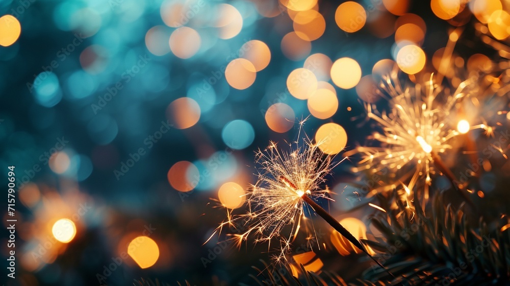 Poster gold and royal blue fireworks and bokeh used in different events and copy space. abstract background