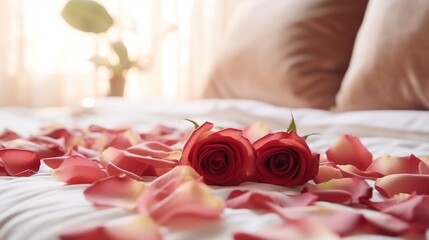 Romantic bedroom decor with flowers, Honeymoon concept
