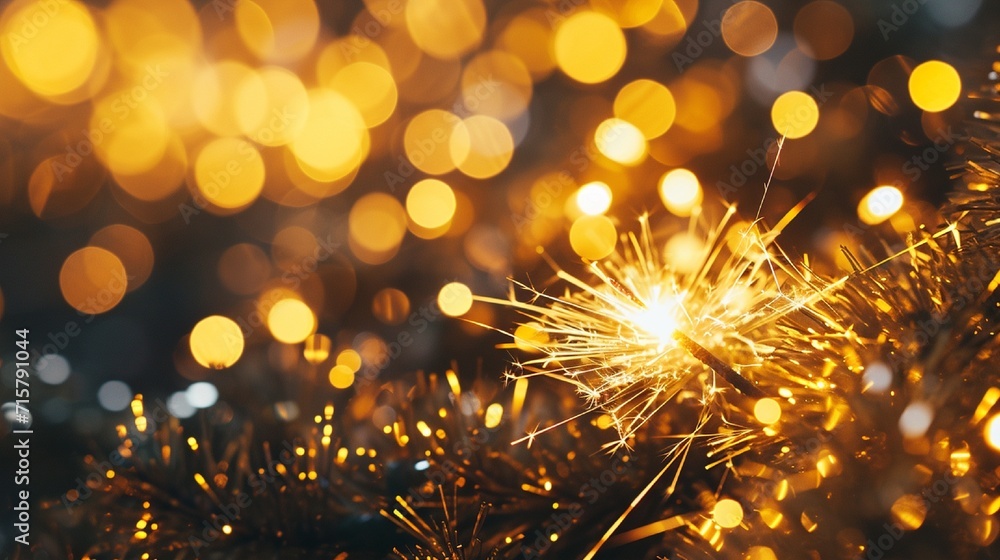 Poster gold and saffron yellow fireworks and bokeh used in different events and copy space. abstract backgr