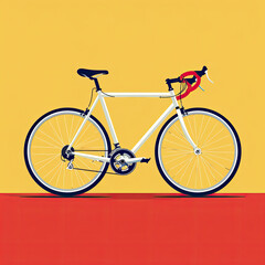 A classic white road bicycle on a contrasting red and yellow backdrop.