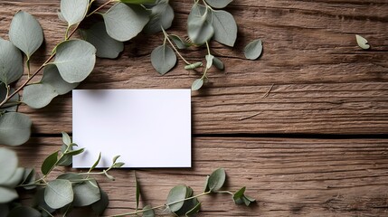 Top view of a Blank white business card and eucalyptus branch on a wooden surface with a copy space, Generative AI.
