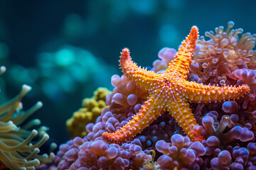 A Close-Up Shot of Colorful Starfish on Coral and Sea Anemone in Discovery Style