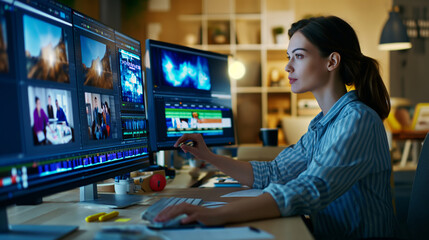 A woman focused on video editing on double screen setup - obrazy, fototapety, plakaty