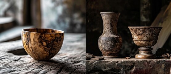 A harmonious blend of earthy textures and elegant forms, captured in a still life of a vase and mixing bowl on a tabletop - obrazy, fototapety, plakaty