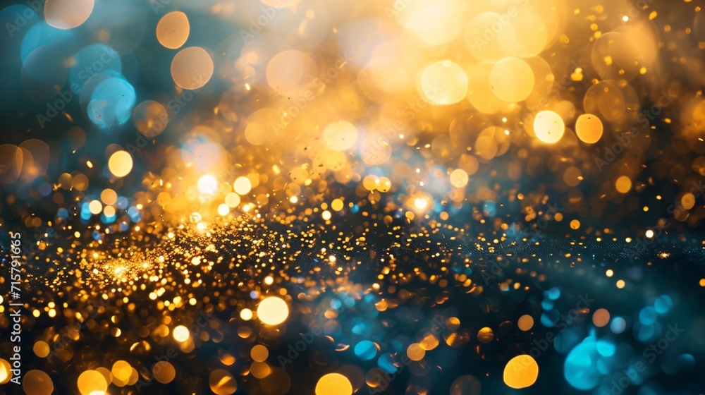 Poster gold and turquoise fireworks and bokeh used in different events and copy space. abstract background 