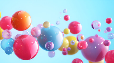 Colorful 3D balls floating on a clear blue background. Assortment of reflective colored orbs against a blue sky. Multicolored bubbles background with copy space