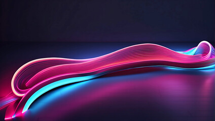 3d render. Abstract panoramic background of curvy dynamic neon lines glowing in the dark room with floor reflection.