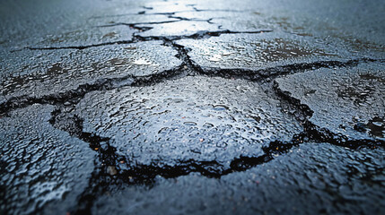 image of a road with a broken asphalt surface after rain - obrazy, fototapety, plakaty