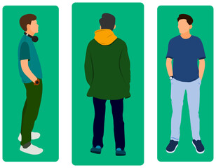 vector of three poses and styles of a man standing facing the side, back and front