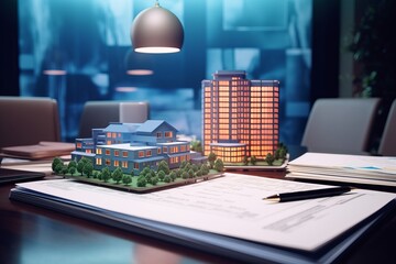Holo 3d render model of a small living house on a table in a real estate agency. Signing mortgage contract document and demonstrating. Futuristic business. Blurry background