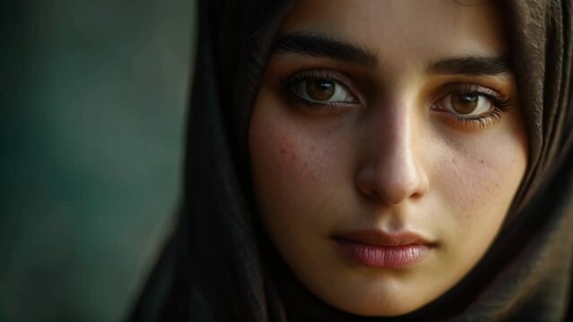 Muslim woman wear hijab. Sad middle eastern girl portrait. Religious serious lady look at camera. Beautiful female arab person face closeup. Upset arabian emigrant concept. Social issue. Home abuse.