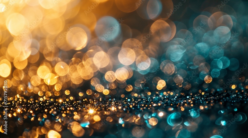 Poster gold and aquamarine fireworks and bokeh used in different events and copy space. abstract background