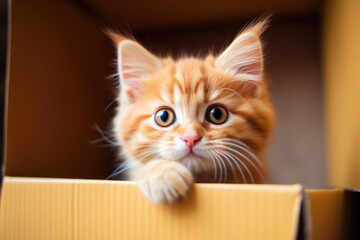 Cute and adorable ginger kitten peeking out from a box