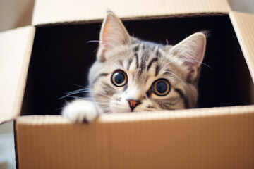 Cute and adorable tabby cat peeking out from a box