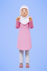 3d rendering fullbody of woman muslim greeting, greeting, pointing and holding phone while smiling