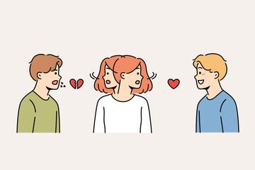 Fototapeta premium Teenage girl is caught in love triangle and shaking head, choosing between two boyfriends. Concept teenage children relationships and importance communicating with children on topic of sex education