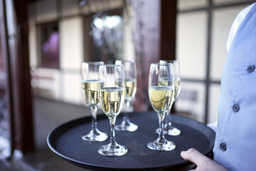 Several glasses filled with champagne are kept on a tray.
