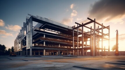 innovative construction of a state-of-the-art building in a meadow with a beautiful sunset in high resolution - obrazy, fototapety, plakaty