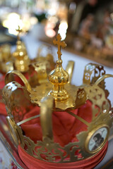 Church crowns on the throne in the church. Church wedding traditions