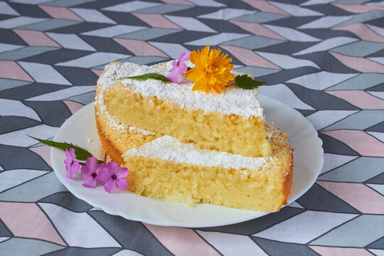 sweet mannik pie, semolina pie for dessert, dessert on a plate on the table