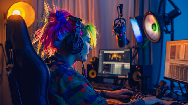 A tattooed woman streamer vlogger with vibrant hair sitting in front of a computer screen