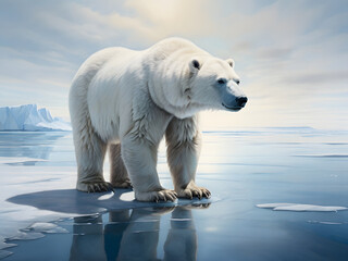 A lone polar bear, standing on a vast expanse of sea ice